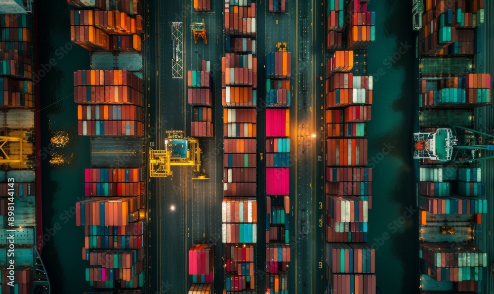Container ships at a seaport in China. International logistics, export and import of goods, containers and commercial business
