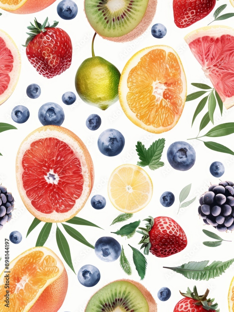 Fruits and berries in a vibrant and fresh seamless summer pattern, rendered in watercolor style, capture the essence of summer's bounty. Fruits and berries in a vibrant and fresh seamless summer pattern, rendered in watercolor style, capture the essence of summer's bounty.