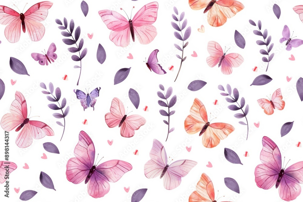 Fototapeta premium Butterflies with delicate wings, depicted in a seamless nature pattern using watercolor style