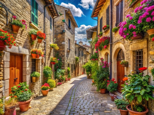 Charming Italian town's cobblestone street lined with ancient architecture, nostalgic shops, and colorful flowers on a bright sunny summer day, full of romance and laughter.