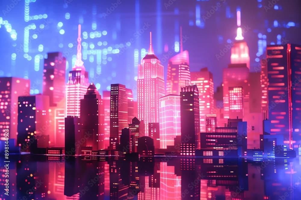 Vibrant city skyline with digital effects, showcasing illuminated buildings reflecting on water at night, creating a futuristic atmosphere. Vibrant city skyline with digital effects, showcasing illuminated buildings reflecting on water at night, creating a futuristic atmosphere.
