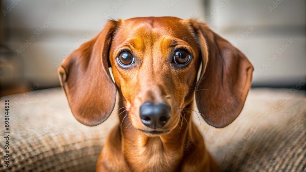 Adorable brown dachshund dog with floppy ears and sweet expression sits comfortably at home, showcasing its cuteness and charm in a close-up portrait. Adorable brown dachshund dog with floppy ears and sweet expression sits comfortably at home, showcasing its cuteness and charm in a close-up portrait.