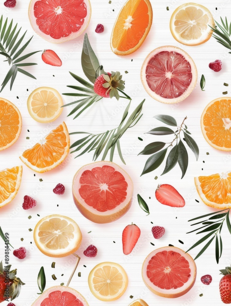 Fruits and berries in a vibrant and fresh seamless summer pattern, rendered in watercolor style, capture the essence of summer's bounty. Fruits and berries in a vibrant and fresh seamless summer pattern, rendered in watercolor style, capture the essence of summer's bounty.