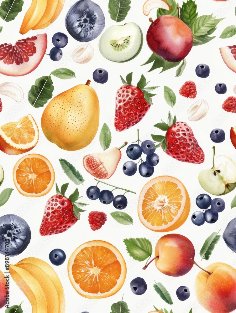 Fruits and berries in a vibrant and fresh seamless summer pattern, rendered in watercolor style, capture the essence of summer's bounty. Fruits and berries in a vibrant and fresh seamless summer pattern, rendered in watercolor style, capture the essence of summer's bounty.