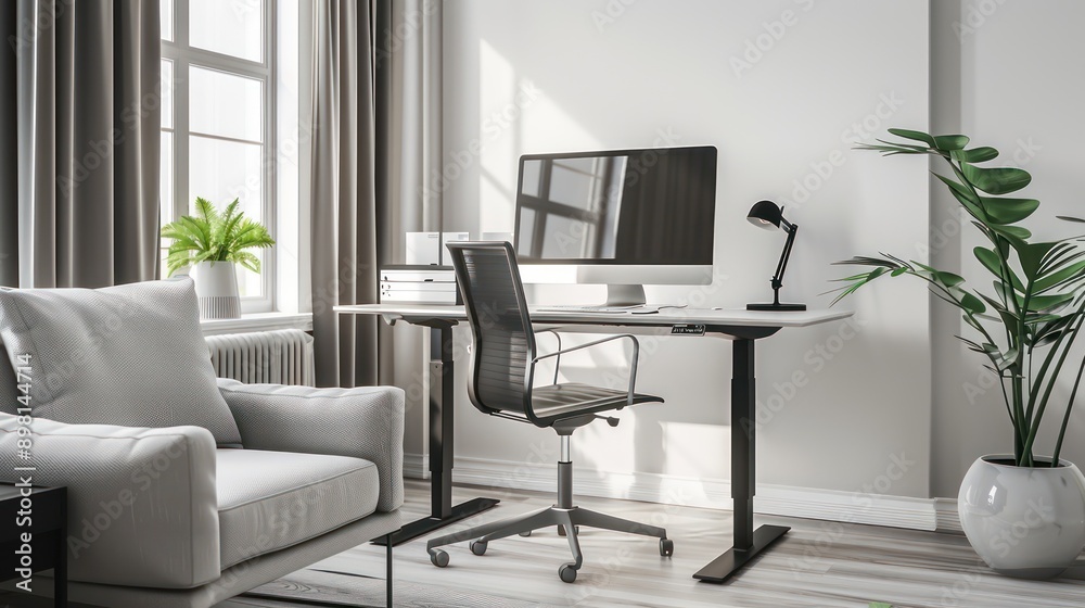 modern home office in a minimalist style with a standing desk, ergonomic chair, and monochromatic color scheme modern home office in a minimalist style with a standing desk, ergonomic chair, and monochromatic color scheme