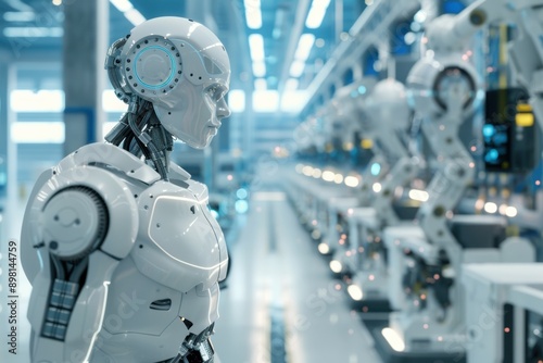 A highly automated manufacturing plant where AI controls robotic arms and assembly lines