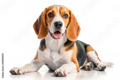Adorable beagle dog poses in various angles, sitting, standing, portrait, and lying down, isolated on white background, showcasing joyful facial expressions and floppy ears.