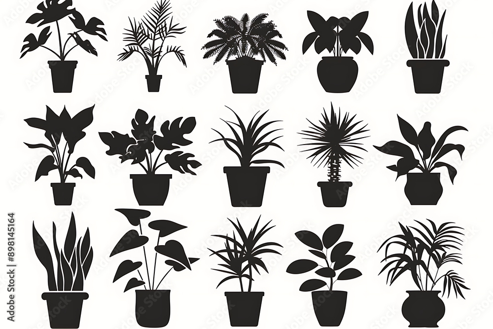 illustration. Set of plants in pots. Greenery. seal sticker.