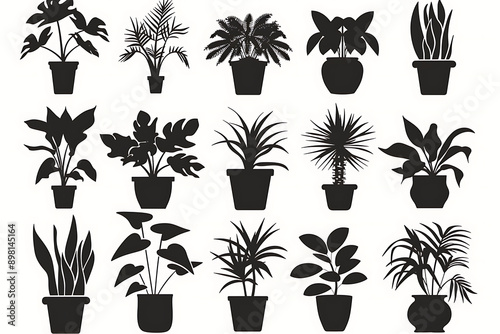 illustration. Set of plants in pots. Greenery. seal sticker.