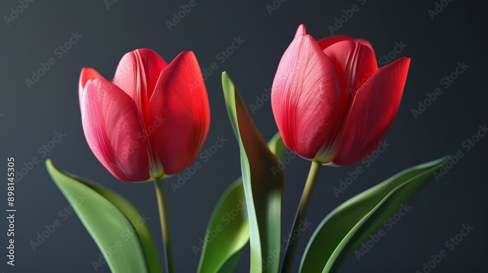 Two vibrant red tulips with green leaves against a dark background. Two vibrant red tulips with green leaves against a dark background.