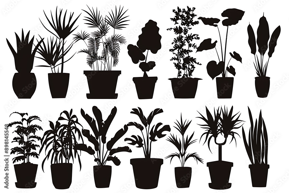 illustration. Set of plants in pots. Greenery. seal sticker.