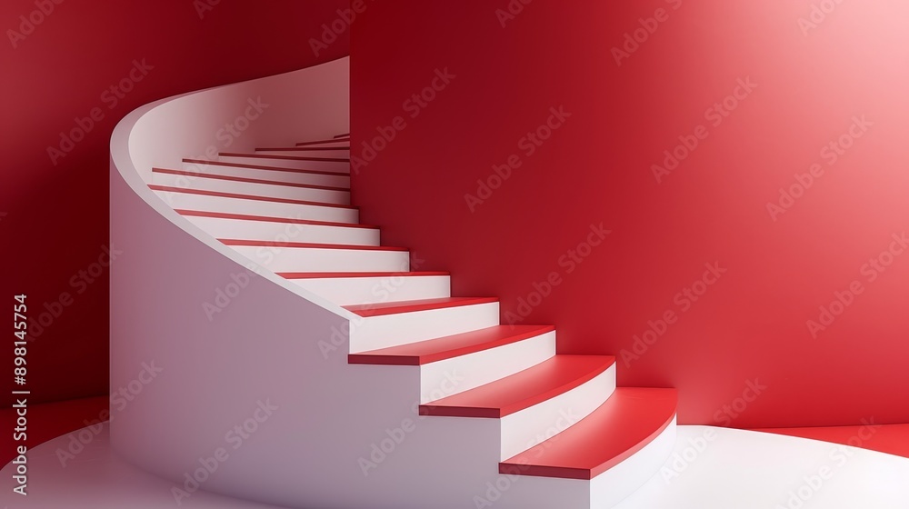 Obraz premium Modern spiral staircase with red wall, minimal design.