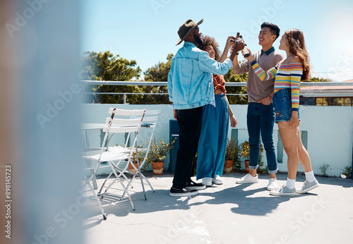 Photography Friends, group and beer toast in outdoor, city rooftop and celebrate freedom on weekend trip