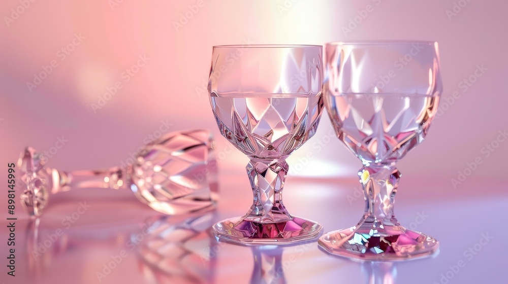 Three crystal wine glasses on a pink background, two upright and one laying down. The glasses are reflecting light. Three crystal wine glasses on a pink background, two upright and one laying down. The glasses are reflecting light.