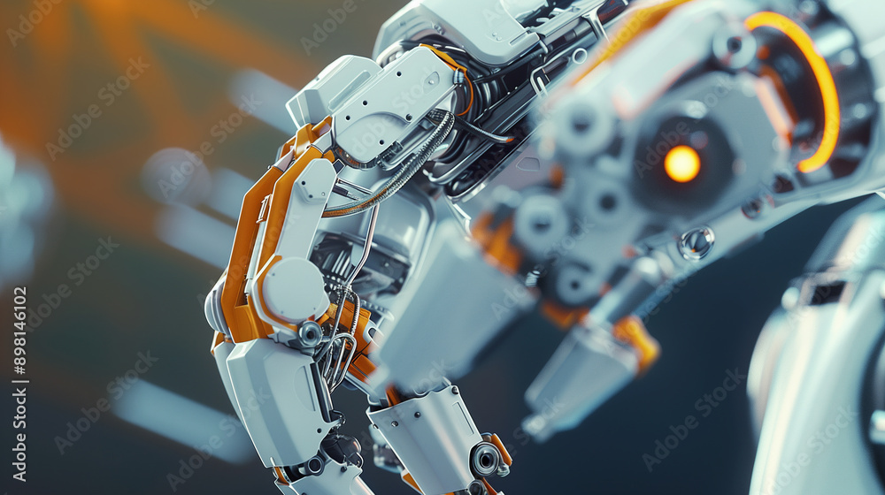 Fototapeta premium A robot arm is shown in a factory setting. The robot is white and has a black head. The robot arm is made up of many small parts, including a hand and a foot