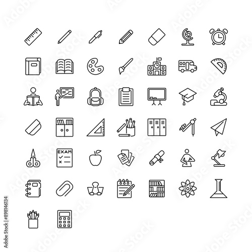 a set of icons with a back to school theme, with outline or line icon style