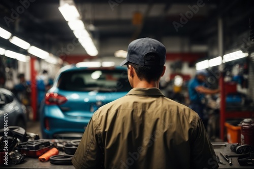 Mechanic in a Garage, Back View, with Tools and a Blue Car