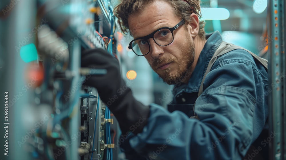 A male electrician is working on an electrical panel A male electrician is working on an electrical panel