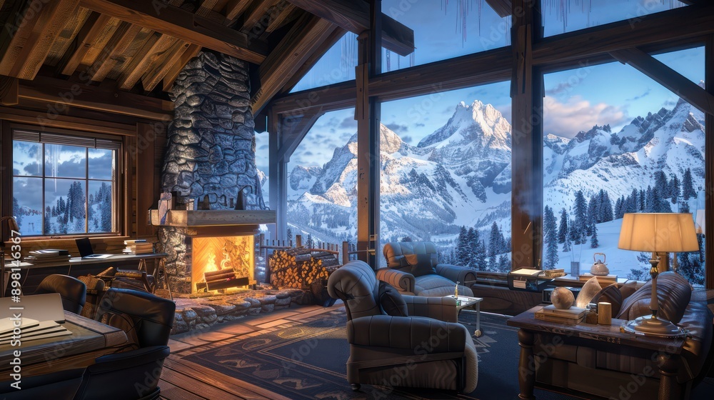 mountain lodge with a dedicated work area by the fireplace, rustic furniture, and a stunning view of snow-covered peaks mountain lodge with a dedicated work area by the fireplace, rustic furniture, and a stunning view of snow-covered peaks