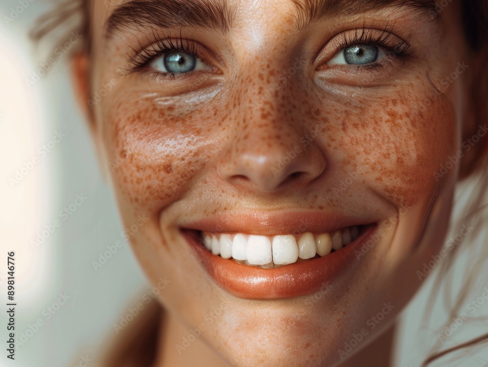 A close-up shot of a woman's face featuring freckles, suitable for beauty or personal care advertising A close-up shot of a woman's face featuring freckles, suitable for beauty or personal care advertising