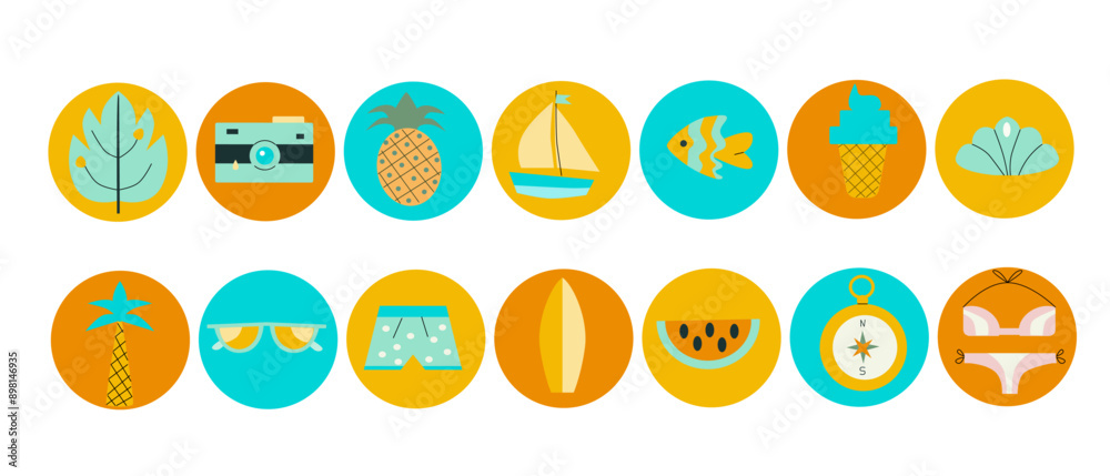 Geometric summer travel icons. Simplicity tourism, trip and journey elements. Flat style. Lighthouse, ship, swimwear, tropical fruits and other beach accessories. Can used for summer sale background. Geometric summer travel icons. Simplicity tourism, trip and journey elements. Flat style. Lighthouse, ship, swimwear, tropical fruits and other beach accessories. Can used for summer sale background.