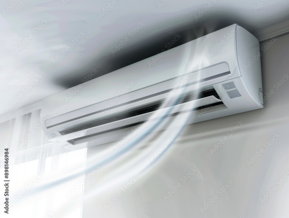 Air conditioner blowing cool air in room during hot summer day Air conditioner blowing cool air in room during hot summer day