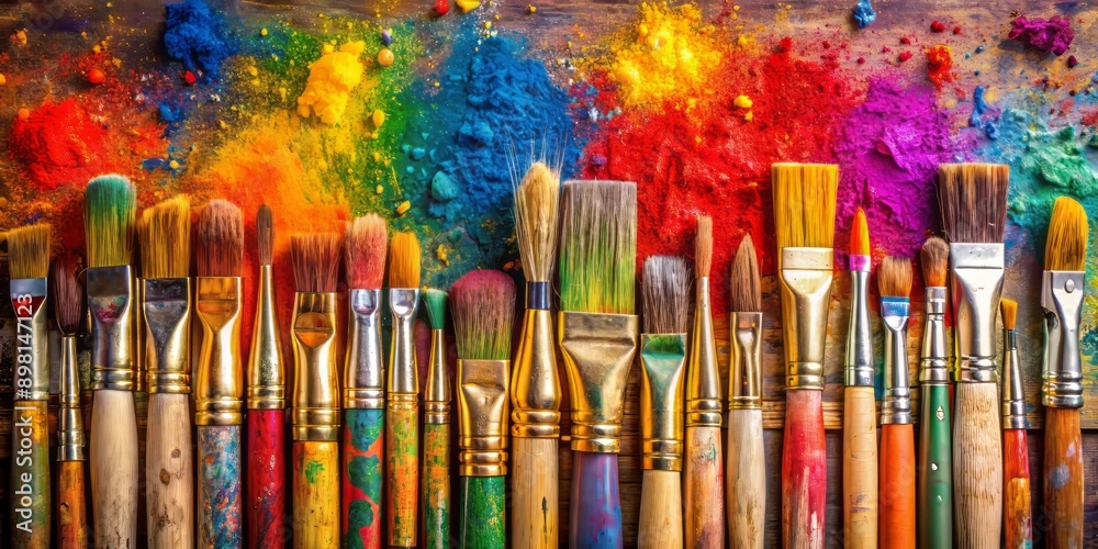 Fototapeta premium Vibrant paintbrush strokes splatter on canvas, surrounded by a row of artist brushes in varying sizes and styles, evoking creative energy and artistic expression.