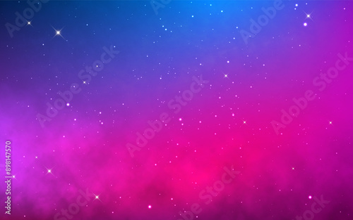 Galaxy background. Magic purple gradient with soft clouds. Bright cosmos texture. Beautiful nebula with shining stars. Deep colorful universe. Vector illustration.