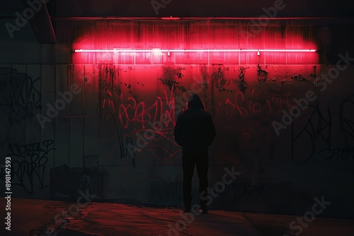 A solitary figure stands under a glowing red neon light, creating a moody and dramatic atmosphere in an urban setting. photo