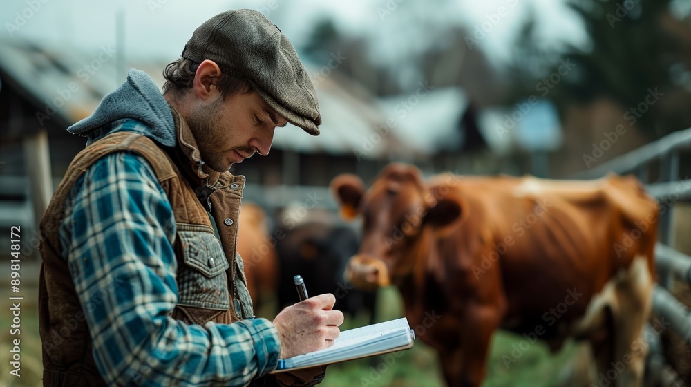 Young male farmer writing notes while observing cows in pen on farm, Young male farmer writing notes while observing cows in pen on farm,