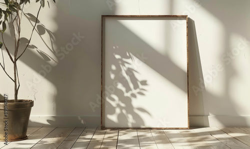 Minimalist mockup of blank wooden photo frame on whitewashed woo photo