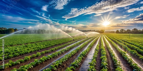 Sprinkler irrigation system in operation, watering rows of lush green agricultural plants on a sunny day with clear blue sky and fluffy white clouds.