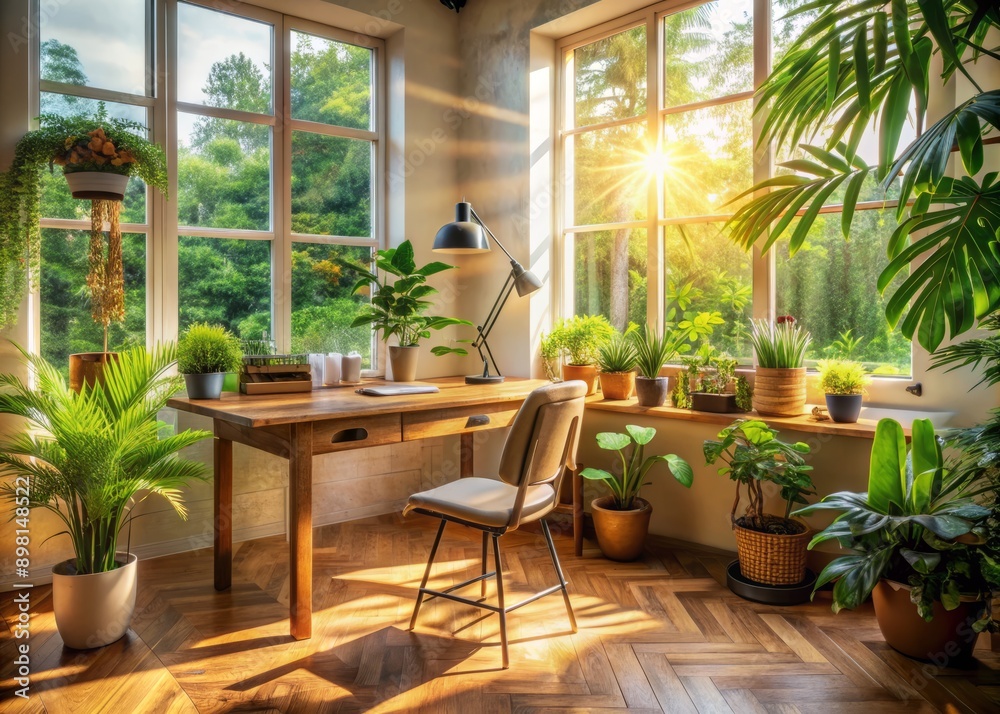 Warm sunlight streams through the window, illuminating a cozy home office with a rustic wooden desk, comfortable chair, and lush green plants surrounding a tidy workspace. Warm sunlight streams through the window, illuminating a cozy home office with a rustic wooden desk, comfortable chair, and lush green plants surrounding a tidy workspace.