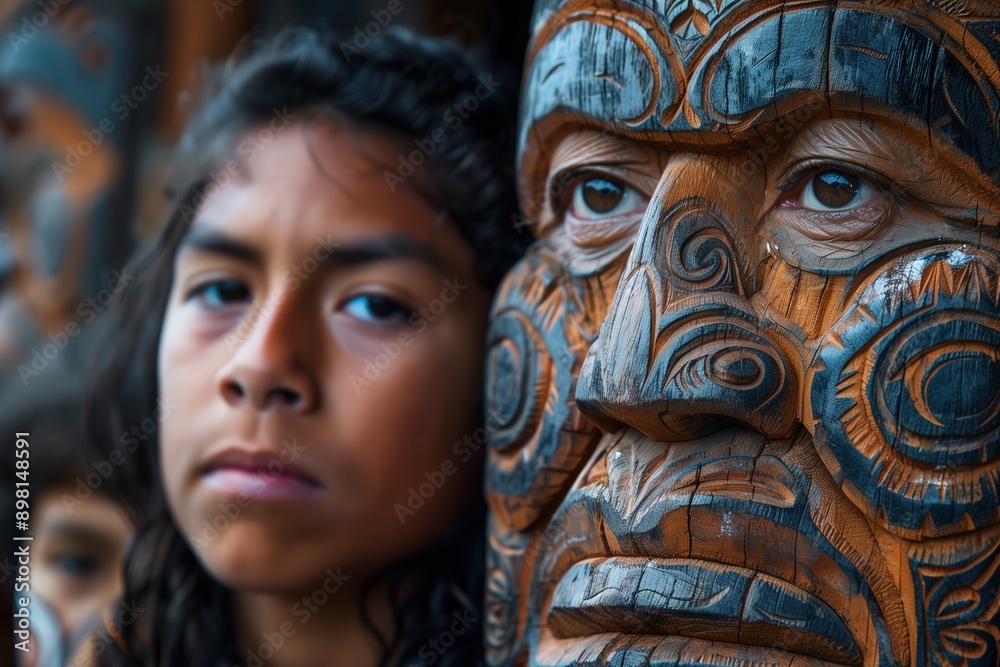 Young Maori Tourist Gazing at Intricate Carvings in New Zealand Young Maori Tourist Gazing at Intricate Carvings in New Zealand