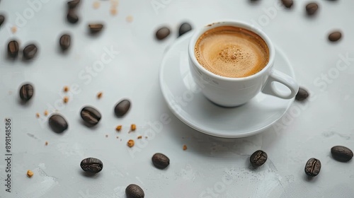 Coffee cups and coffee beans on white background, top view