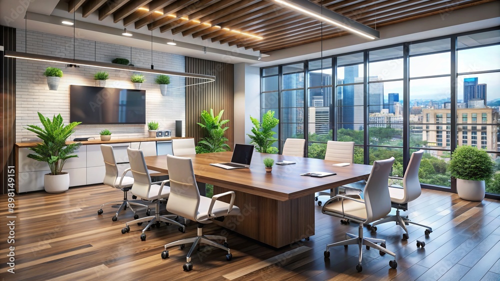 Modern corporate office with sleek furniture, whiteboard, and digital screens, conveying a sense of innovation and productivity, ideal for depicting professional team collaboration. Modern corporate office with sleek furniture, whiteboard, and digital screens, conveying a sense of innovation and productivity, ideal for depicting professional team collaboration.