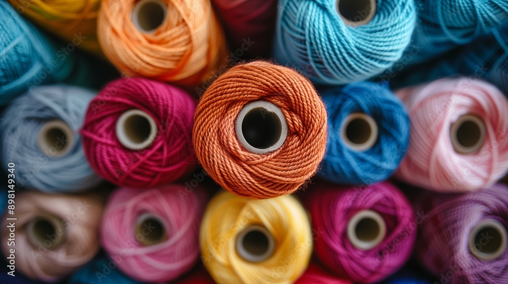 A pile of colorful yarn spools, arranged in an artistic display, symbolizing the creativity and artistry associated with knitting or crocheting A pile of colorful yarn spools, arranged in an artistic display, symbolizing the creativity and artistry associated with knitting or crocheting