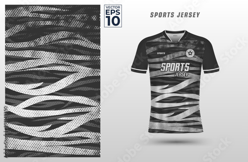T-shirt sport jersey design template with abstract zebra on halftone background. Sport uniform in front view. Shirt mockup for sport club. Vector Illustration