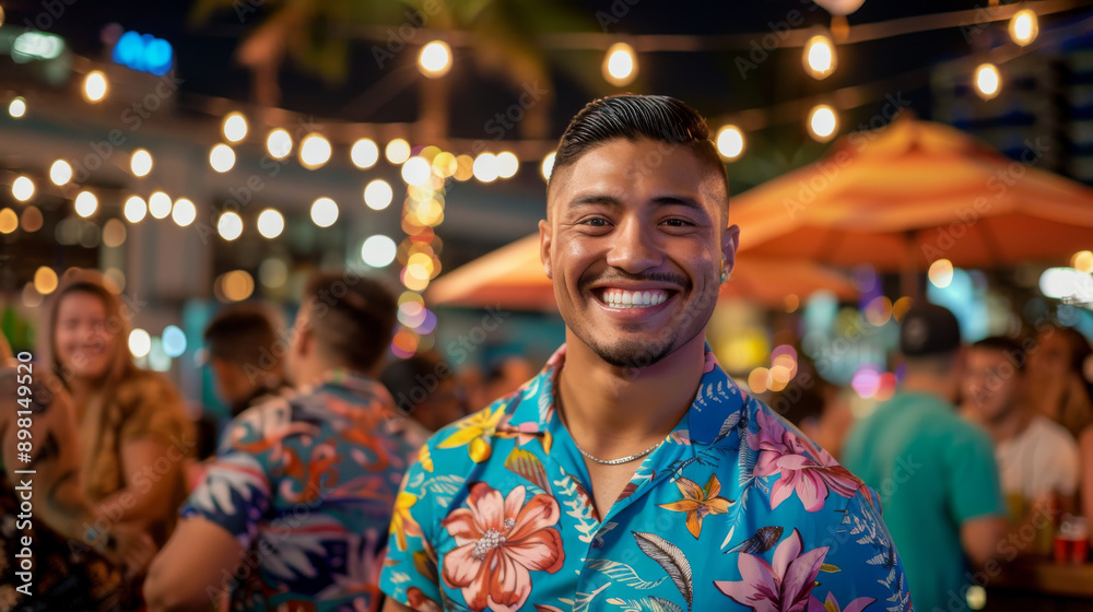 Fototapeta premium A man enjoys a festive outdoor gathering, smiling at the camera under string lights, highlighting healthy nightlife and social connections.