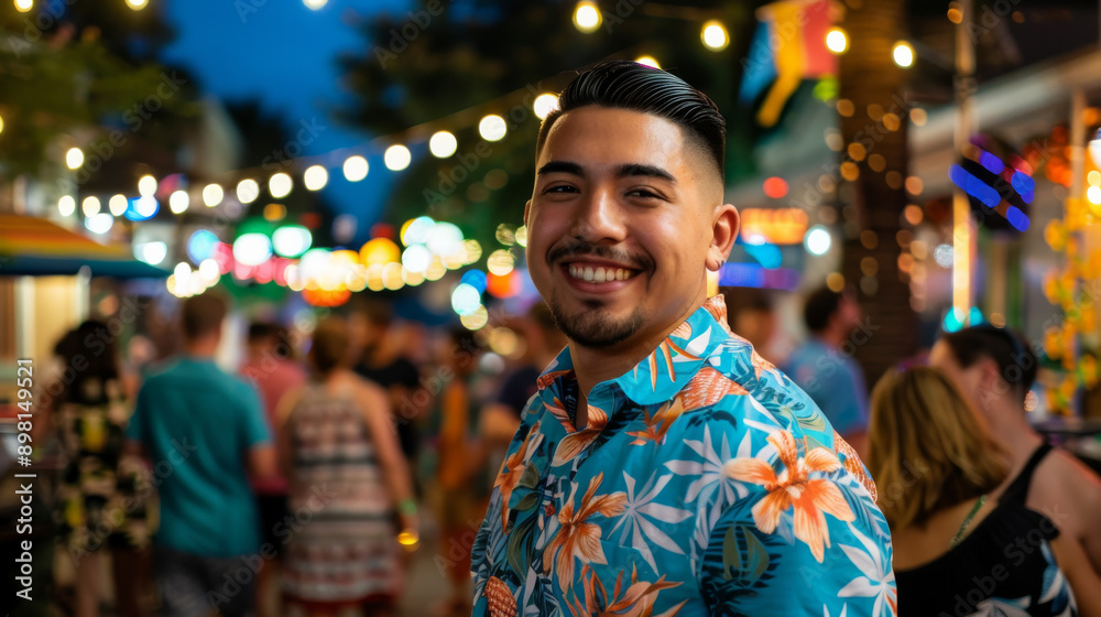 A man enjoys a festive outdoor gathering, smiling at the camera under string lights, highlighting healthy nightlife and social connections. A man enjoys a festive outdoor gathering, smiling at the camera under string lights, highlighting healthy nightlife and social connections.