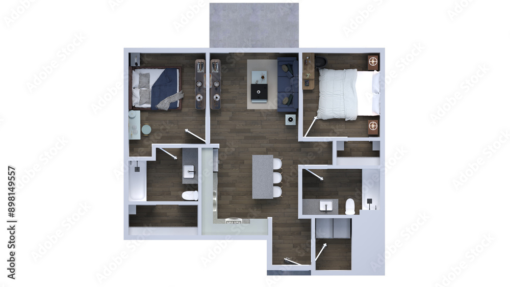 3d floor plan rendering for Two bedroom ,kitchen, living , and Bathroom. 3d floor plan rendering for Two bedroom ,kitchen, living , and Bathroom.
