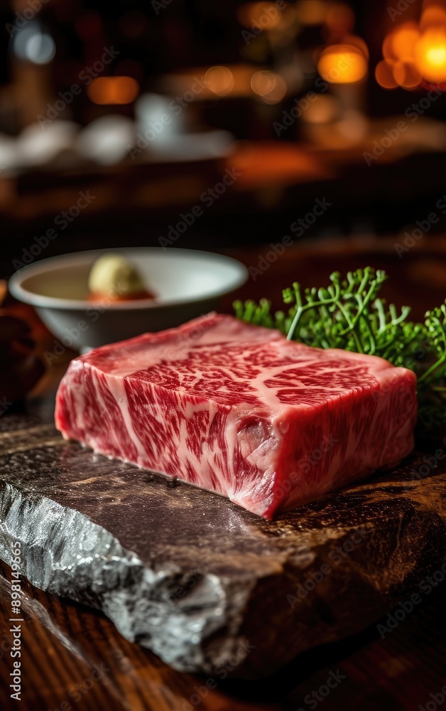 Premium quality marbling kobe beef on a natural stone plate. luxury food