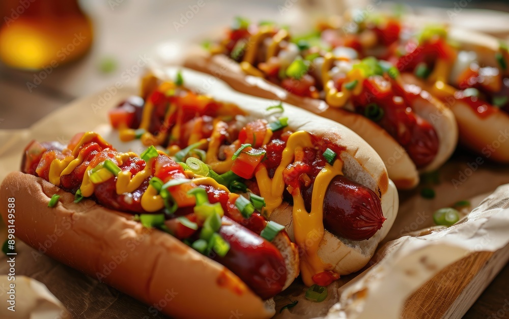 Tasty hot dogs with a mustard and ketchup garnished with fresh green onions, served in soft buns on a wooden table Tasty hot dogs with a mustard and ketchup garnished with fresh green onions, served in soft buns on a wooden table