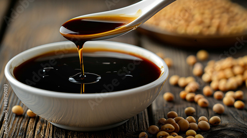 Soy sauce is poured into the bowl