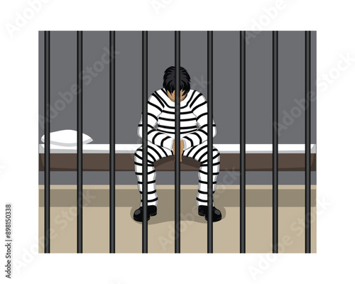 vector illustration design of a man wearing a white shirt with black stripes typical of criminal prison clothes sitting on his bed behind prison bars