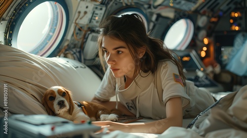 Young Woman and Dog Relaxing in Spacecraft Interior