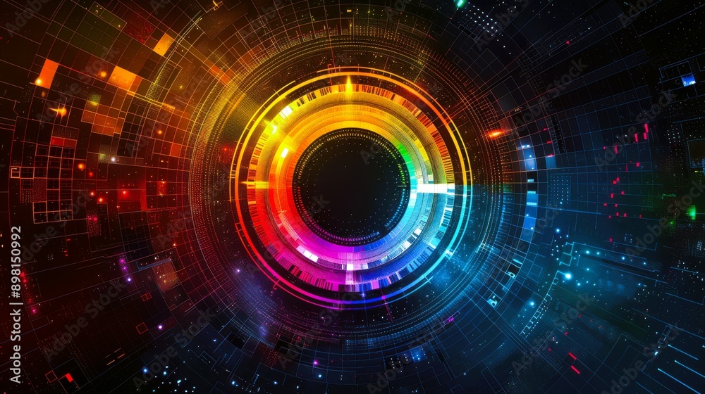 Vibrant digital abstract design featuring a colorful circular pattern with intricate details and bright, glowing elements. Vibrant digital abstract design featuring a colorful circular pattern with intricate details and bright, glowing elements.
