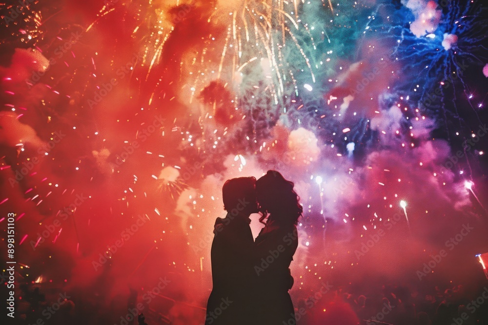Silhouette of Couple Embracing Against Fireworks Display Silhouette of Couple Embracing Against Fireworks Display