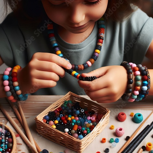 122 76 Children's craft of creating a bead necklace using differ
