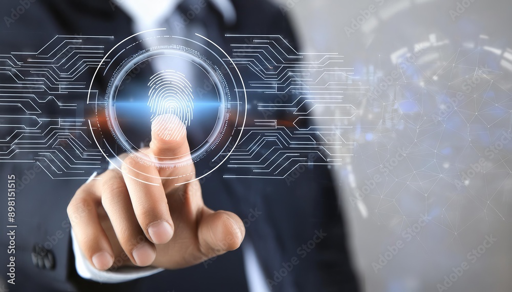 Businessman Pointing at Fingerprint Technology - Scanning of Biometric Data - Hardware Identifying and Measuring Finger - Development in Technology - Data Protection Personal Information - Privacy Businessman Pointing at Fingerprint Technology - Scanning of Biometric Data - Hardware Identifying and Measuring Finger - Development in Technology - Data Protection Personal Information - Privacy